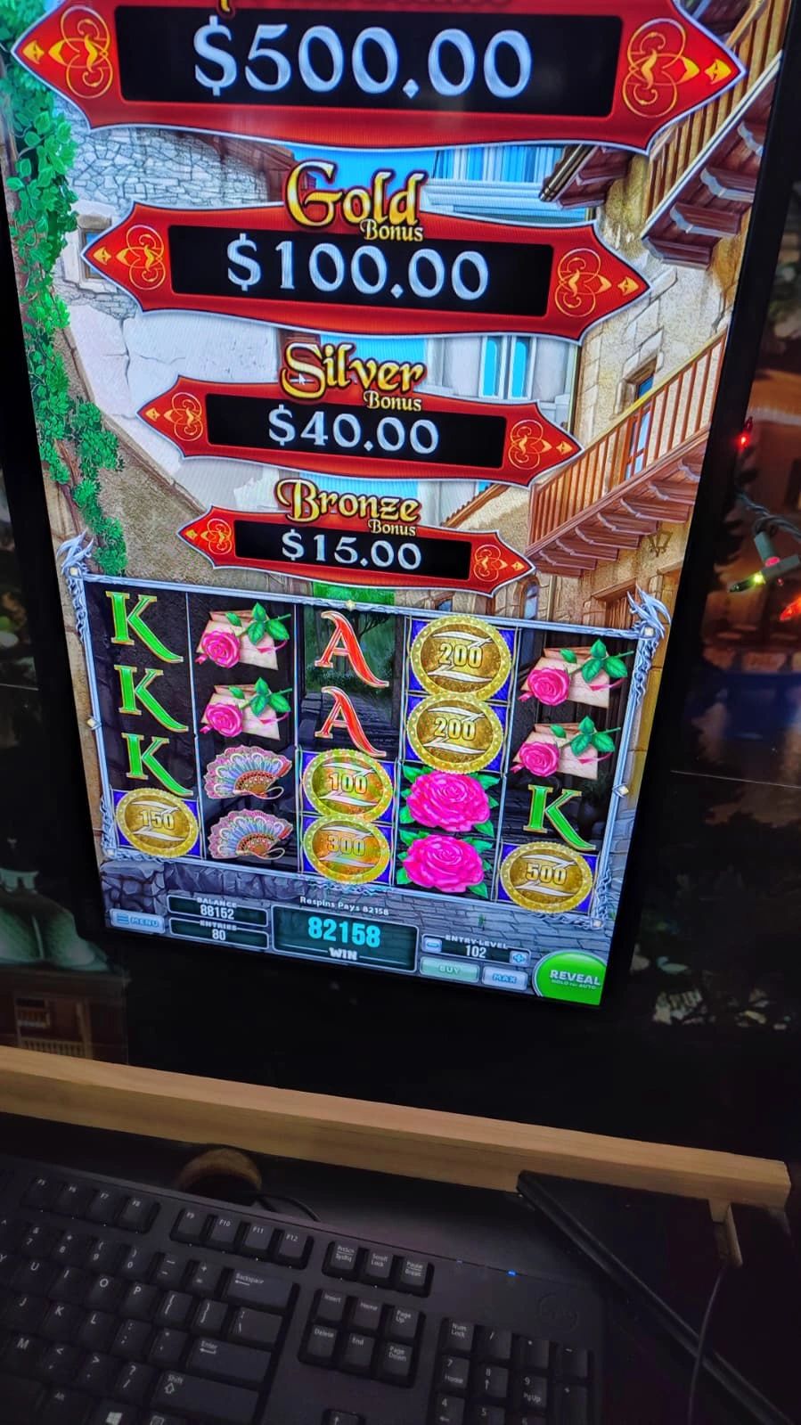 Sweepstakes slot machine bonus screen showing Bronze Silver Gold Platinum prize tiers at Northeast TelConnect — win cash prizes near El Paso TX